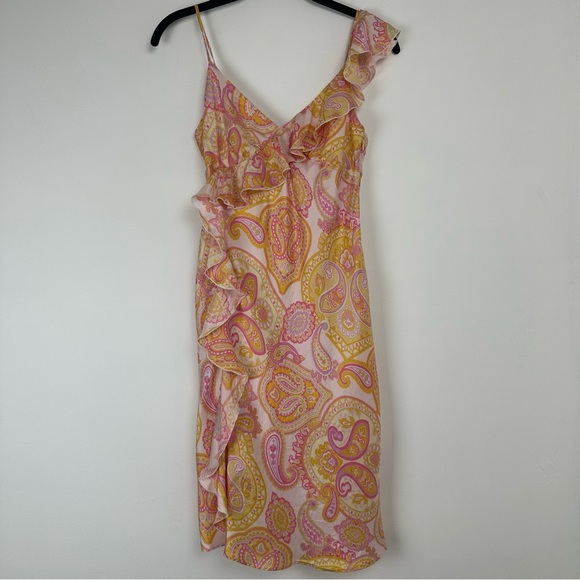 Banana Republic Silk Dress Size 2 Petite Pink Paisley Babydoll Ruffle Y2K - Picture 1 of 12